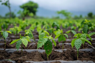 A field filled with green plants and dirt, showcasing a thriving agricultural landscape.