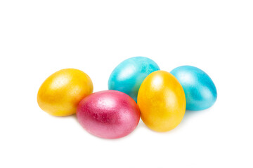 Easter eggs isolated on white background. Easter holiday concept. Handmade colorful shiny Easter...