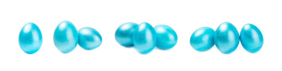 Easter eggs isolated on white background. Easter holiday concept. Handmade colorful shiny Easter eggs. Mother of pearl eggs.