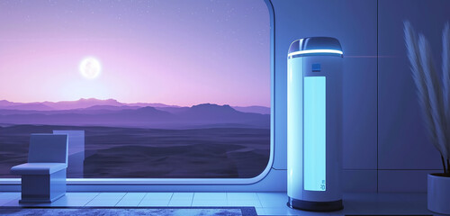 A smart pill dispenser in a pharmacy, with a panoramic view of a tranquil, moonlit desert