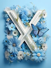 Letter V made of real natural flowers and leaves, on a blue background. Spring, summer and valentines creative idea
