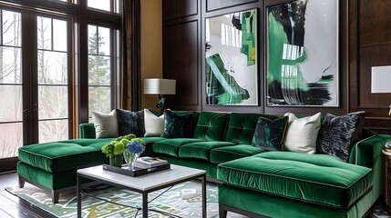 A luxurious guest room with a velvet sectional sofa in emerald green, exuding opulence and sophistication