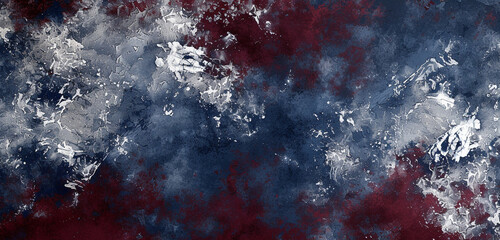 Smeared patterns of dark blue, silver, and white, evoking a feeling of ice on a cold lake, with a rich burgundy background