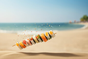 Obraz premium Chopstick with delicious sushi slices and ingredients falling on the sand on the beach, sunlight coming through with the sea in the blurred background with blue sky, copy space for text