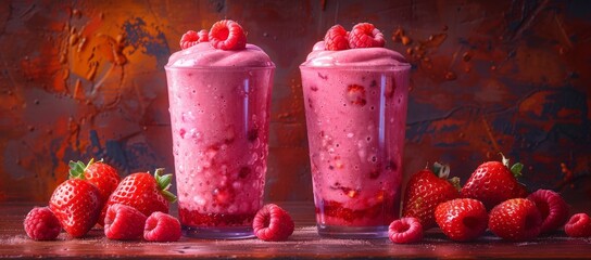 Indulge in the vibrant sweetness of summer with two glasses of pink refreshment, adorned with juicy...