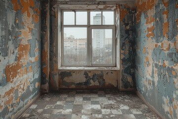 The abandoned room, with its decaying walls and checkered floor, beckons for exploration through the dirty window, a glimpse into the past of this indoor space
