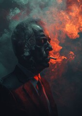 A brooding man exhales a puff of smoke, embodying the fiery intensity of a volcanic eruption in the darkness - obrazy, fototapety, plakaty