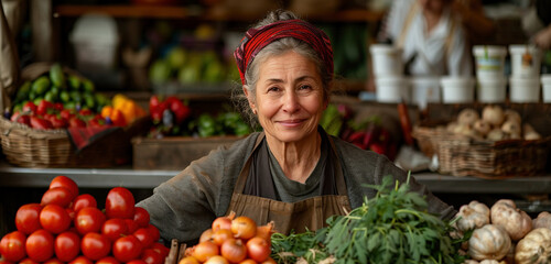 Person in the market. Portrait of a smiling middle-aged woman arranging vegetables at a market...