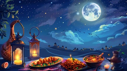 Ramadan - Kareem, lantern, family, food, background, high quality, 16:9
