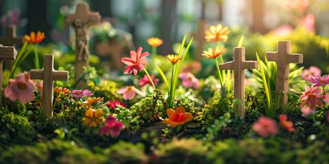 A cross in a cemetery with flowers around it