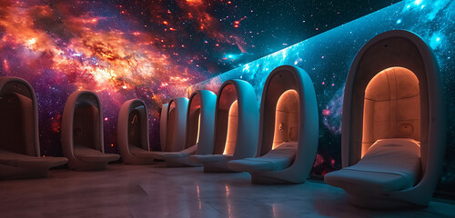 A meditation and wellness center with sensory deprivation pods, set against a backdrop of a star-filled night sky - obrazy, fototapety, plakaty