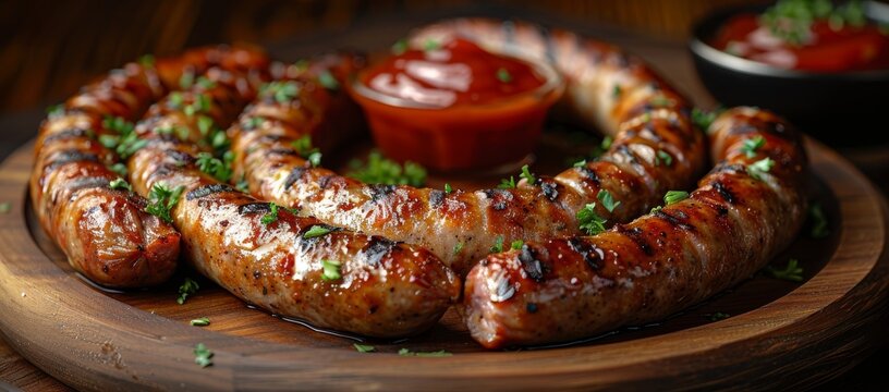 Indulge in a mouth-watering plate of sausages, each bursting with unique flavors from german, greek, french, and south african cuisine, topped with savory sauces and surrounded by a colorful array of