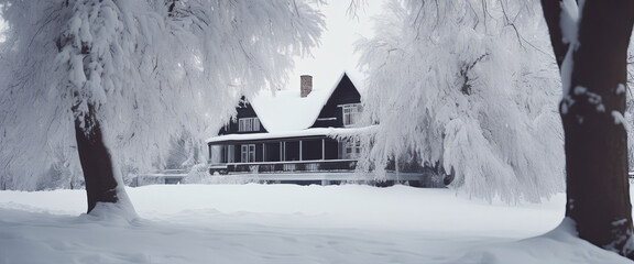 Beautiful Trees Covered with Snow in the Winter, House in the snow.