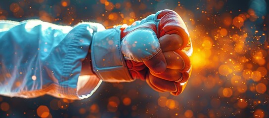 A determined fighter prepares to battle their opponent, fists clenched and ready in a pair of red boxing gloves - obrazy, fototapety, plakaty