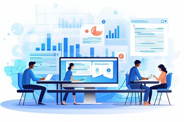 Business people working with data analysis management, consulting and marketing communication concept isometric illustration background - obrazy, fototapety, plakaty
