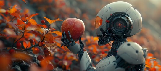 A playful lego robot enjoys the outdoors while clutching a juicy red apple, ready for a whimsical cartoon adventure
