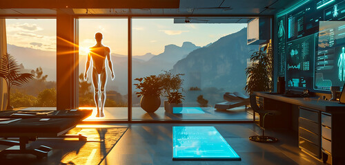 A holographic body scanning device in a clinic, with a view of a peaceful, sun-drenched valley
