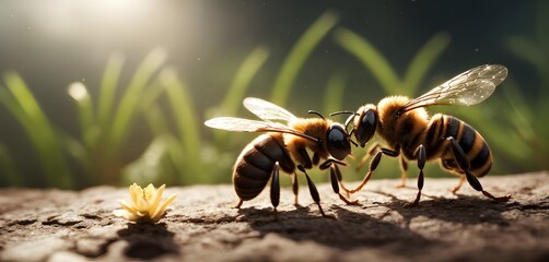 Two honeybees, pollinators and insects, are standing next to each other on a rock in a natural landscape. These arthropods play a vital role in pollinating terrestrial plants