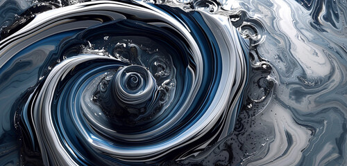 Whirlpools of metallic dark blue, silver, and white forming an abstract vortex, on a muted gray background