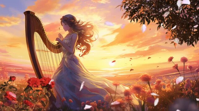 Anime girl in the sunset playing harp at sunset. Seamless looping time-lapse 4k video animation background