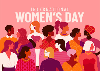 International Women's Day concept. Vector horizontal illustration in modern flat style of a big group of diverse multiracial women. Isolated on pink background