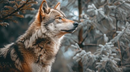 Obraz premium Grey Wolf (Canis lupus) Between Trees Looks Up