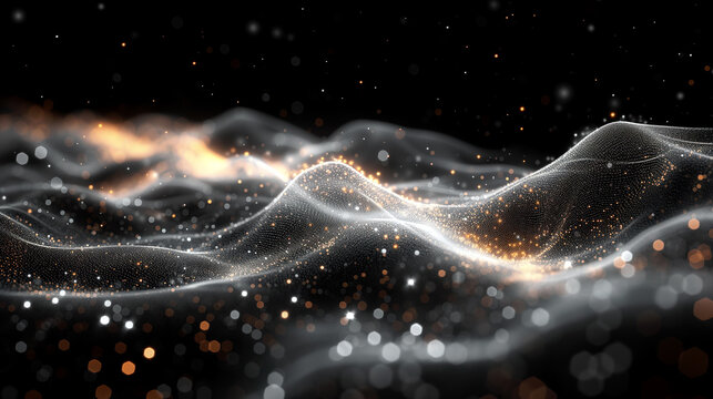 Corrugated membrane made by pinpoint glowing waves in the dark. Abstract background. 