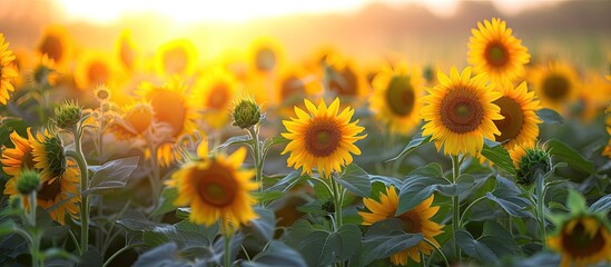 A vibrant field of growing sunflowers with the sun setting in the background.