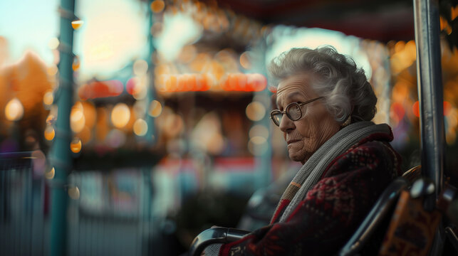 elderly lady wearing a scard and glasses at an amusement park looking out people watching. an old lady sitting and observing at a themepark.