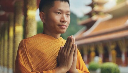 Thai Buddhist monk close up with folded palms praying. A young Buddhist monk