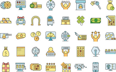 Lottery icons set. Outline set of lottery vector icons thin line color flat on white