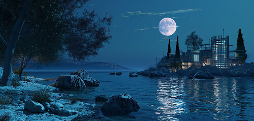 A genetic research center with advanced computing systems, set against a backdrop of a tranquil, moonlit bay