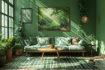 A cozy and inviting indoor space featuring a chic studio couch and coffee table surrounded by lush houseplants, perfect for relaxing and unwinding in the comfort of your own home