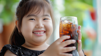 Asian girl with overweight holding a soda. Childhood obesity. Generative AI.