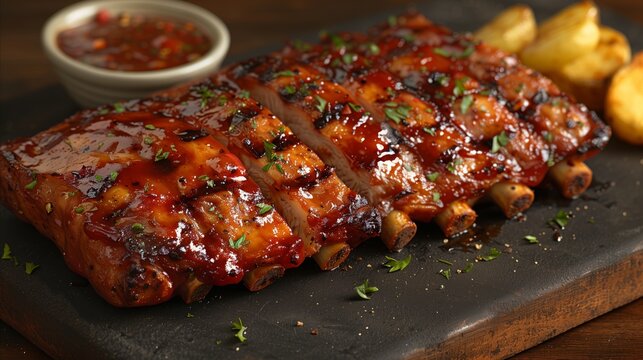 Succulent barbecue ribs served with golden potatoes