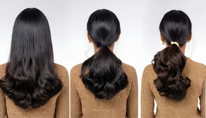 Schilderijen op glas Various haircuts for woman with black hair - long straight, wavy, braided ponytail, small perm, bobcut and short hairs. View from behind on white background © Marko