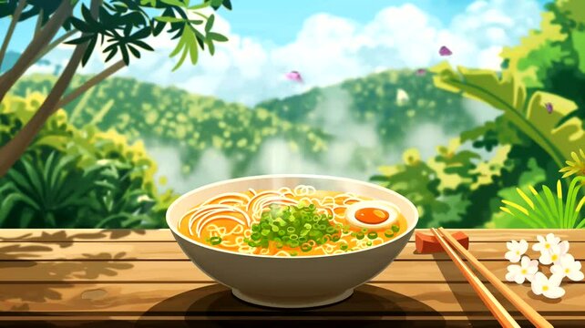 Bowl of noodles and chopsticks on wooden table. Seamless looping time-lapse 4k video animation background