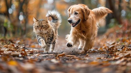 Golden retriever and tabby cat playfully chasing in autumn