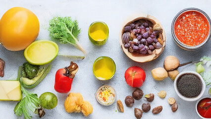 Balanced Border liver detox diet food concept, fruits, vegetables, nuts, olive oil, garlic, Cleansing the body