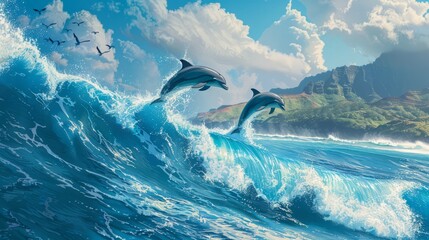 Playful dolphins jumping over breaking waves. Hawaii Pacific Ocean wildlife scenery. Marine animals in natural habitat