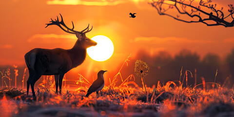 
Beautiful deer on a background with a sunrise in a clearing.