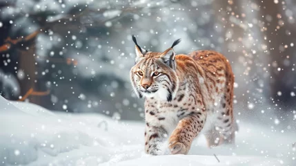 Foto op Plexiglas Snow nature. Lynx face walk. Winter wildlife in Europe. Lynx in the snow, snowy forest in February. Wildlife scene from nature, Slovakia. Winter wildlife in Europe © Artem