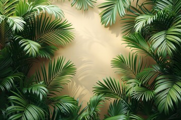 A lush, verdant cluster of arecales and cycad leaves, intertwined like a delicate dance of nature, basking in the warm embrace of the outdoor sunlight