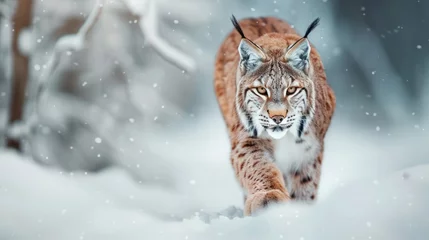 Fotobehang Snow nature. Lynx face walk. Winter wildlife in Europe. Lynx in the snow, snowy forest in February. Wildlife scene from nature, Slovakia. Winter wildlife in Europe © Artem