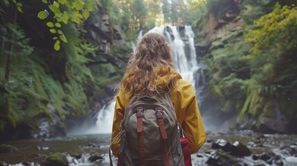 Woman in yellow jacket admiring a beautiful waterfall