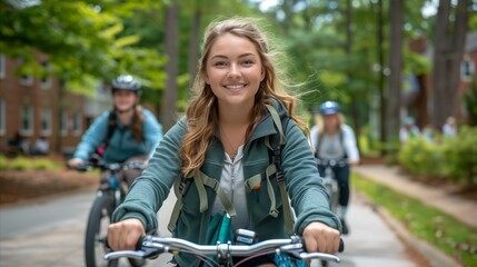 Happy woman leads friends on a leisurely bike ride