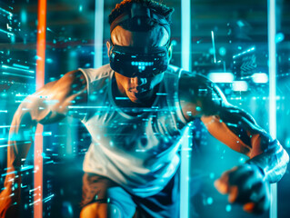 An athlete interacts with cutting edge augmented reality technology blending physical and digital realms