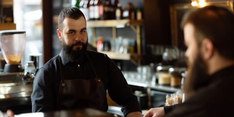 Portrait of handsome bearded barista man small business owner taking order with customer behind the counter bar in cafe. Coffee shop