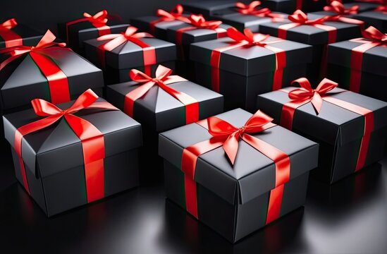 Black Friday sale concept. Image with many stylish black gift boxes and red ribbon on black background.