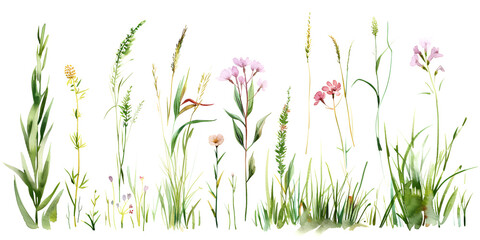 Fototapeta na wymiar Set of beautiful wild flowers, blades of grass on white background, watercolor style, banner design